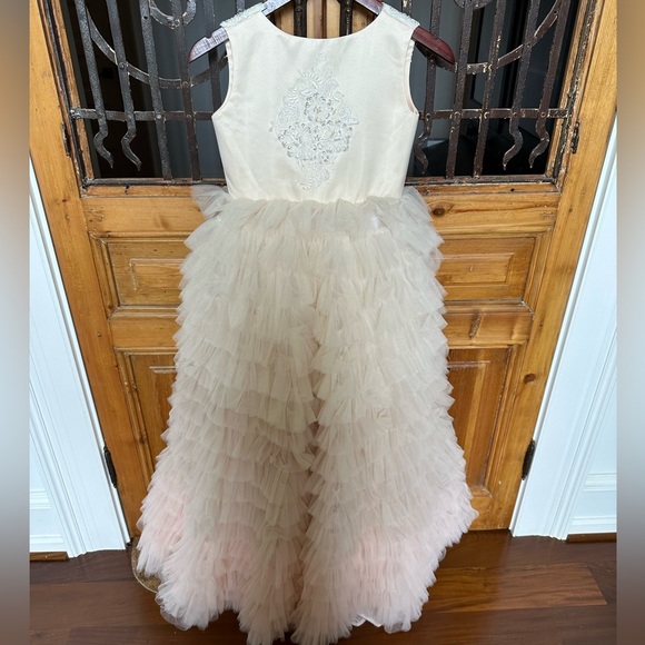 Dollcake Couture girls light pink ruffled embellished gown. Size 10.